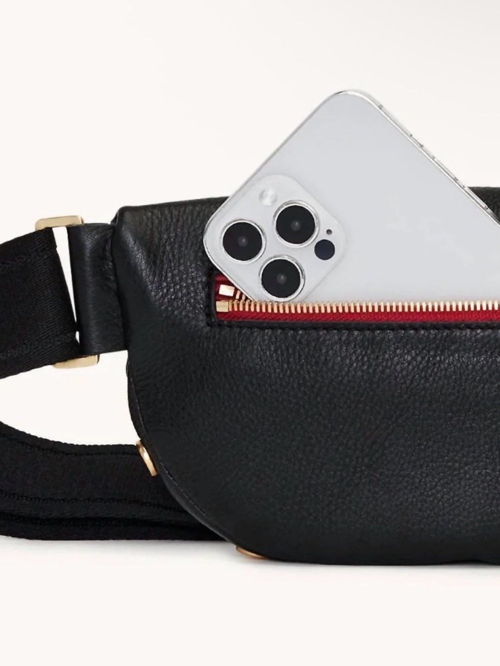Hammitt Charles Lrg Black/Brushed Gold Leather Crossbody Belt Bag with Red-Trim - Picture 2 of 12